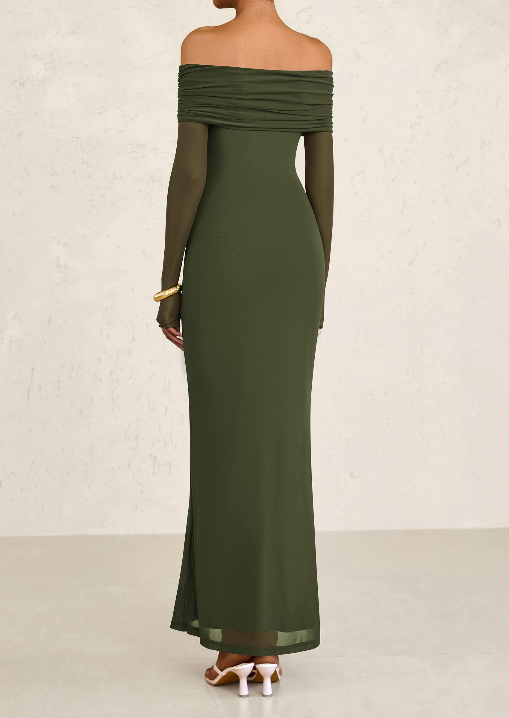 Foto 2 | Vestido Largo Prettygarden Con Hombros Descubiertos Y Manga Larga, Malla, Verde - Venta Internacional.