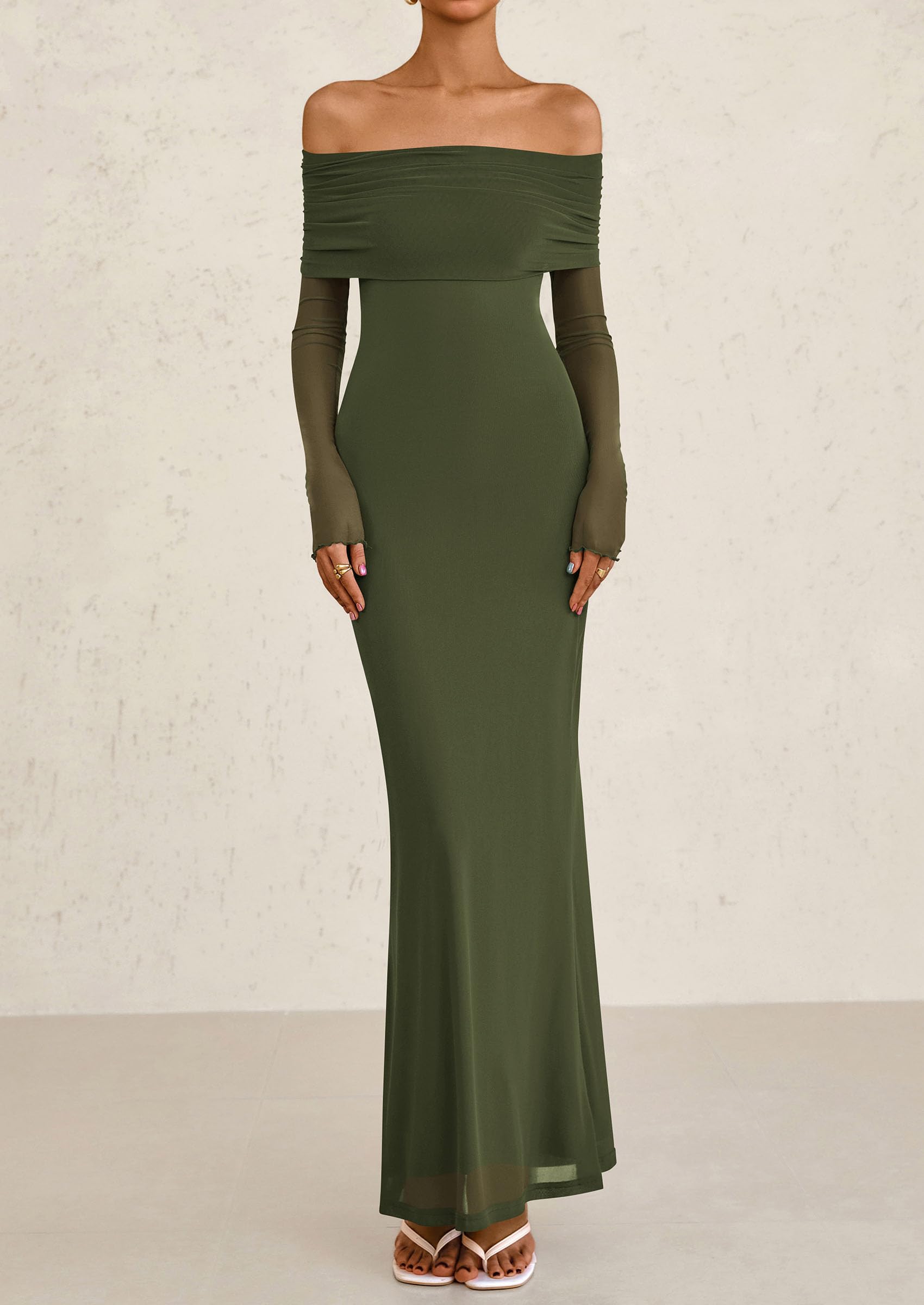 Foto 3 | Vestido Largo Prettygarden Con Hombros Descubiertos Y Manga Larga, Malla, Verde - Venta Internacional.