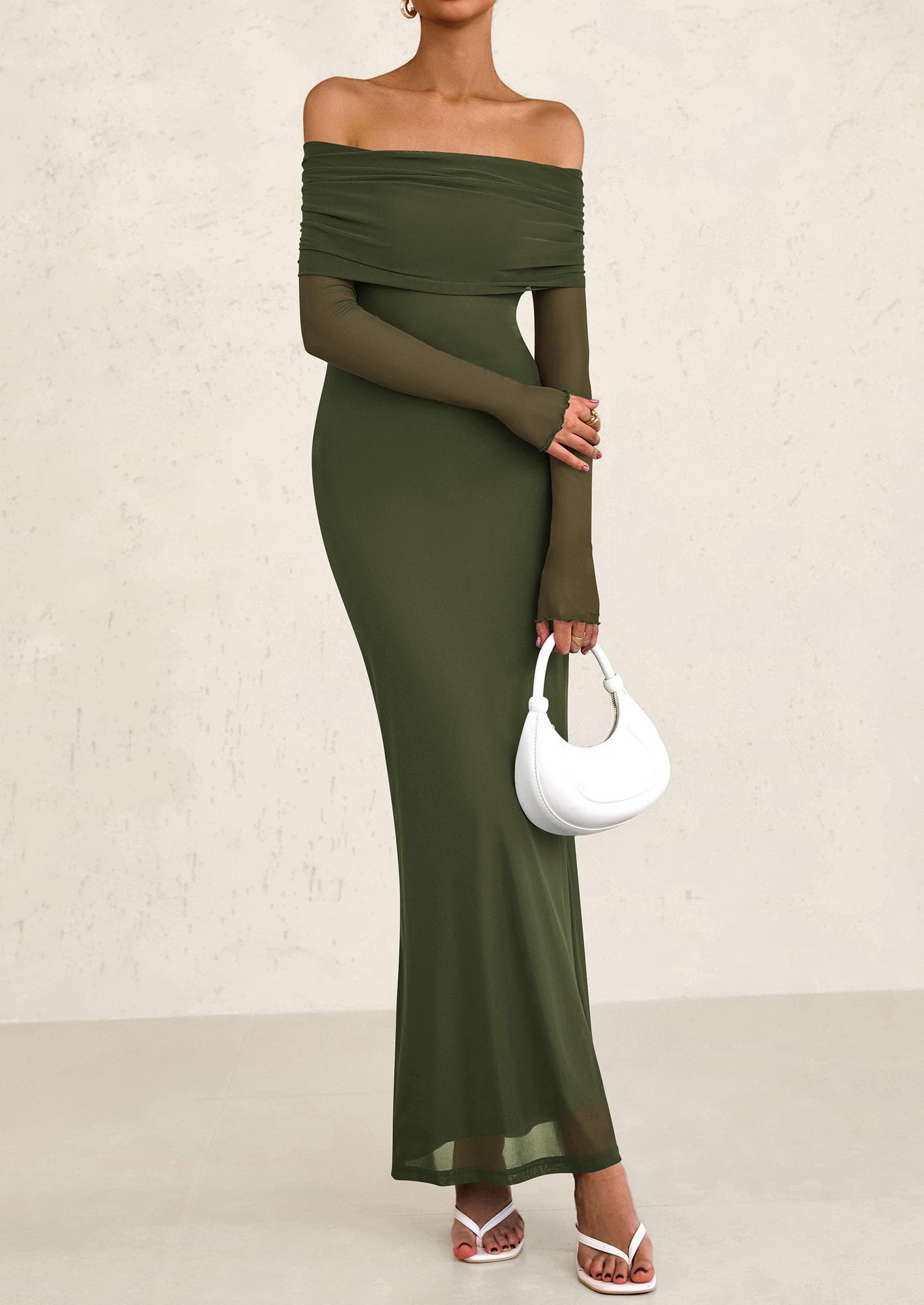 Foto 4 | Vestido Largo Prettygarden Con Hombros Descubiertos Y Manga Larga, Malla, Verde - Venta Internacional.