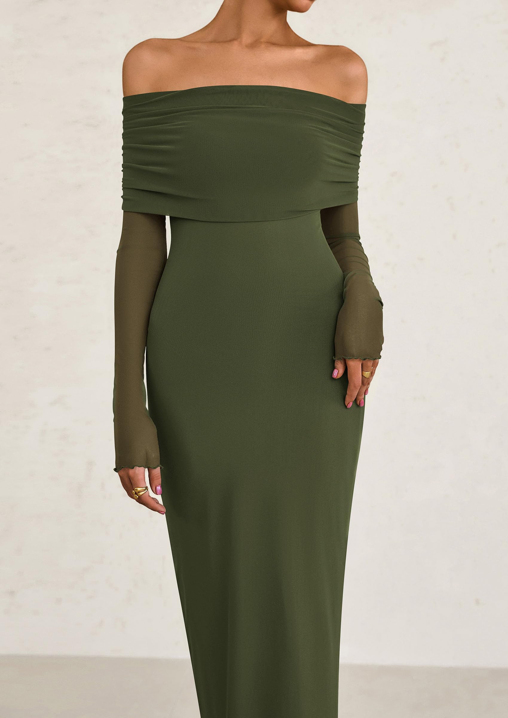 Foto 5 | Vestido Largo Prettygarden Con Hombros Descubiertos Y Manga Larga, Malla, Verde - Venta Internacional.