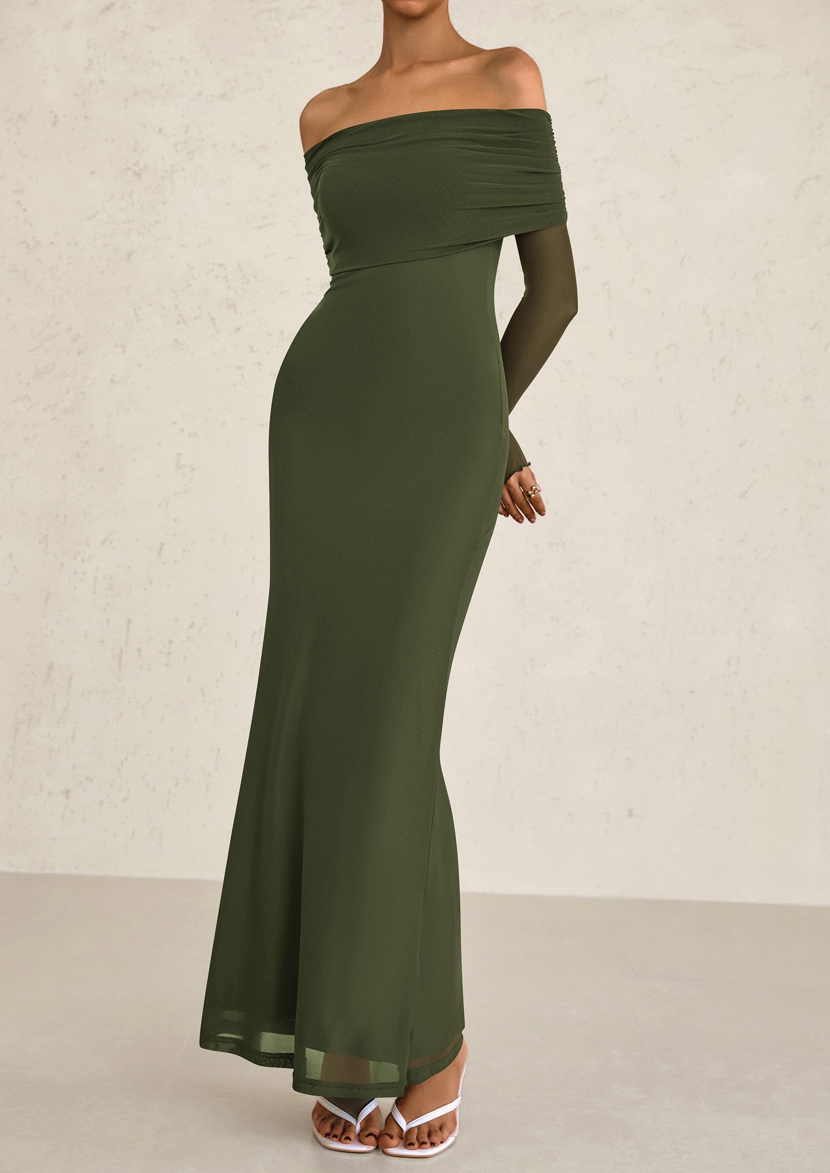 Foto 7 | Vestido Largo Prettygarden Con Hombros Descubiertos Y Manga Larga, Malla, Verde - Venta Internacional.