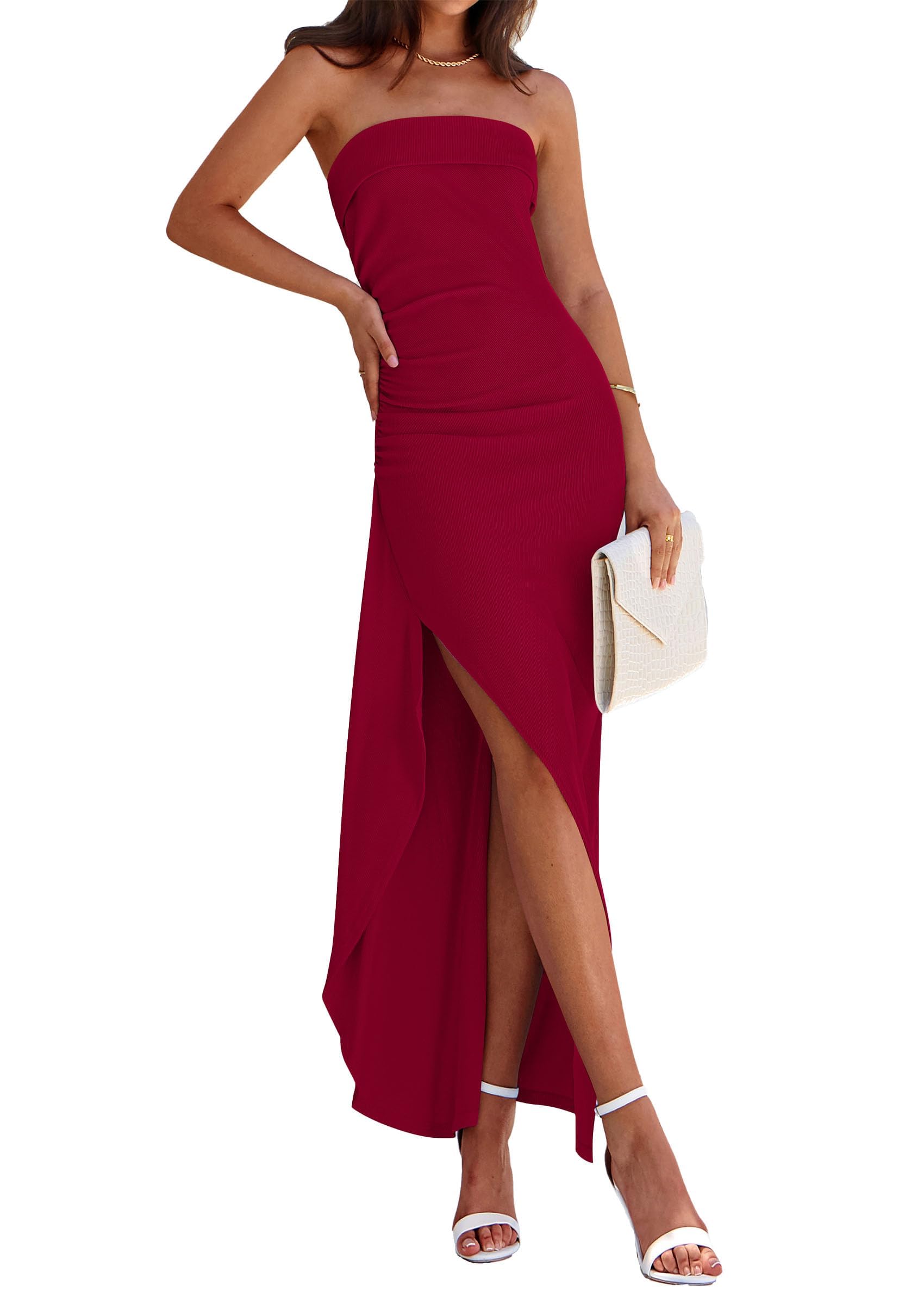 Vestido Prettygarden Ajustado Fruncido Con Hombros Descubiertos, Rojo Vino, Xxl - Venta Internacional.