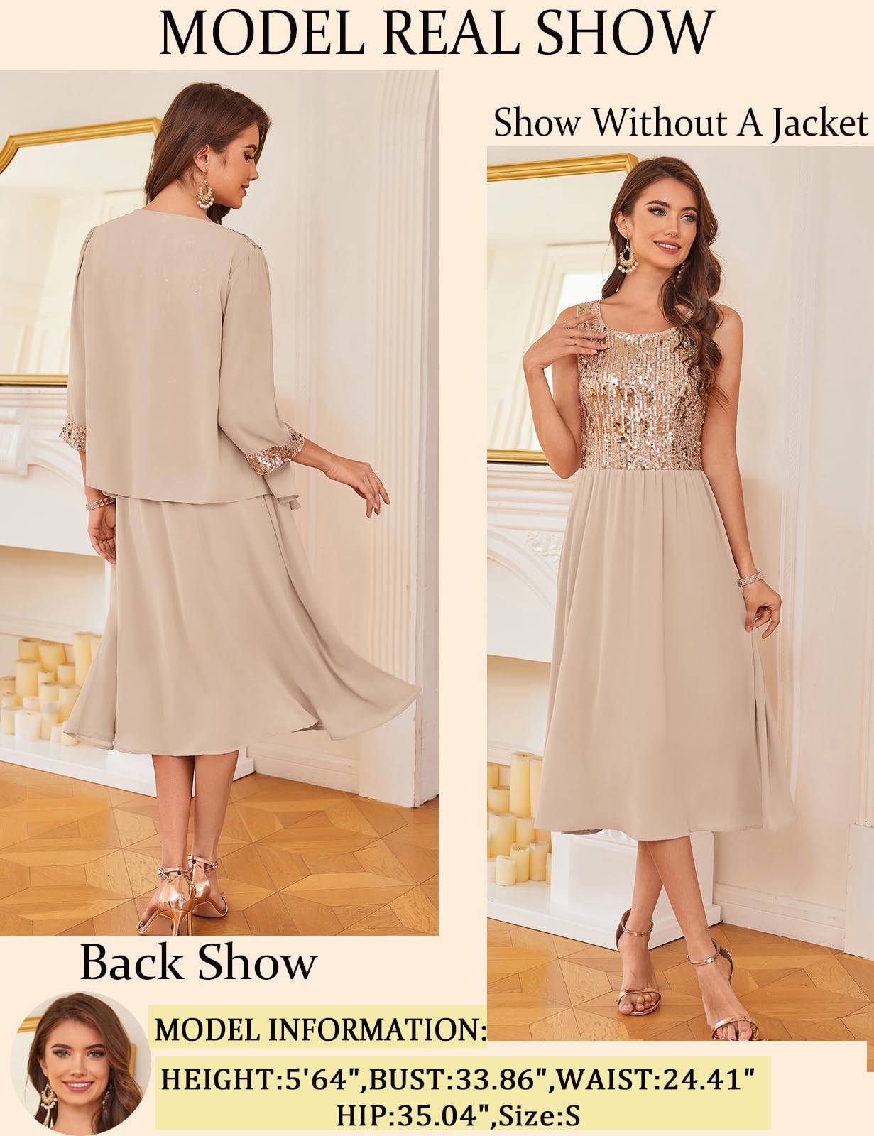 Foto 4 pulgar | Vestido Grace Karin, Funda De Lentejuelas Para Mamá Invitada A La Boda, Color Champán S - Venta Internacional.