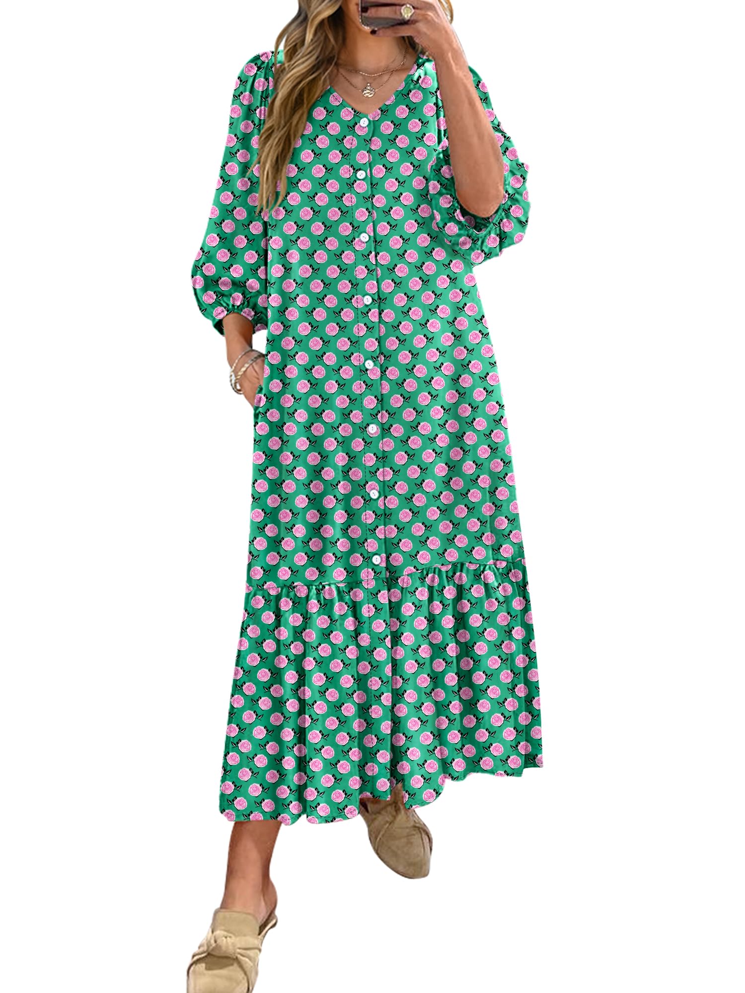 Vestido Largo Anrabess, Bohemio, Verano, Cuello En V, Manga Abullonada, Verde Y Floral - Venta Internacional.