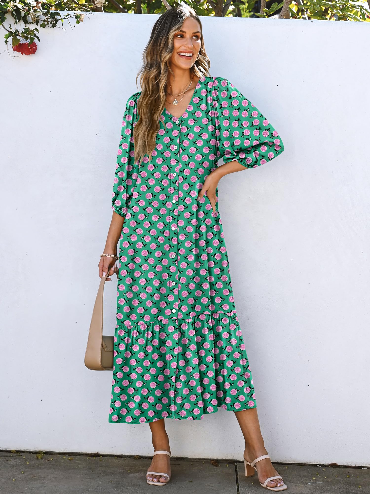 Foto 2 | Vestido Largo Anrabess, Bohemio, Verano, Cuello En V, Manga Abullonada, Verde Y Floral - Venta Internacional.