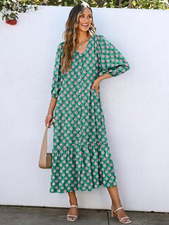 Foto 2 | Vestido Largo Anrabess, Bohemio, Verano, Cuello En V, Manga Abullonada, Verde Y Floral - Venta Internacional.