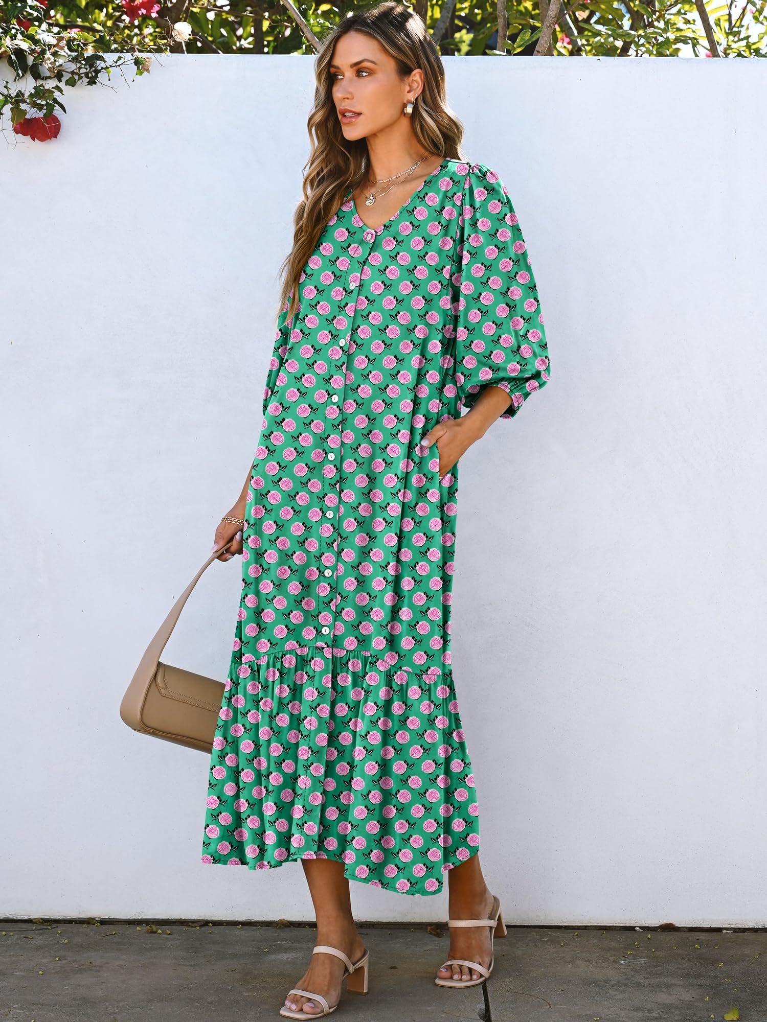 Foto 4 pulgar | Vestido Largo Anrabess, Bohemio, Verano, Cuello En V, Manga Abullonada, Verde Y Floral - Venta Internacional.