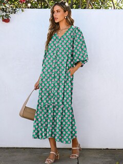 Foto 3 | Vestido Largo Anrabess, Bohemio, Verano, Cuello En V, Manga Abullonada, Verde Y Floral - Venta Internacional.