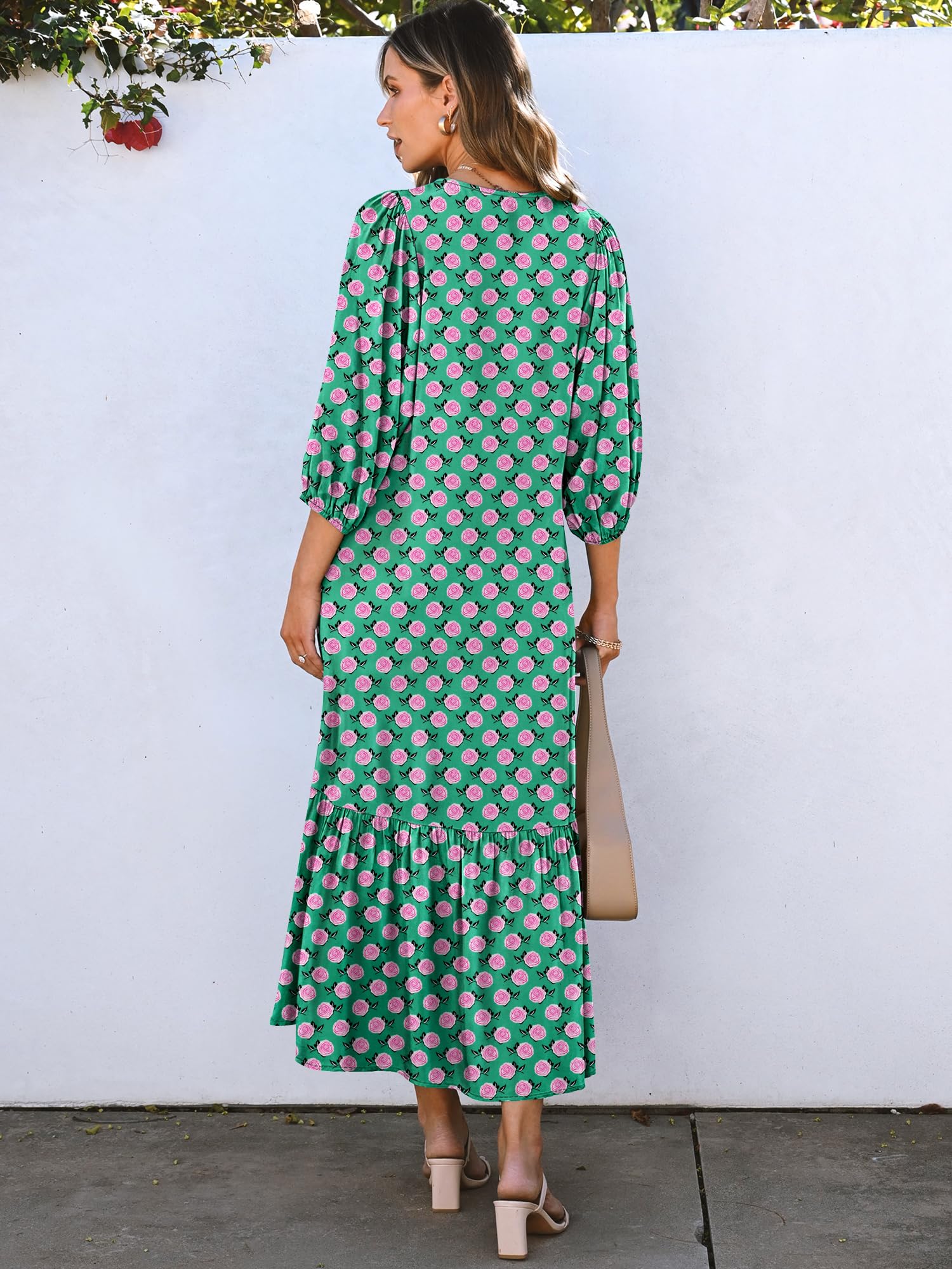 Foto 5 pulgar | Vestido Largo Anrabess, Bohemio, Verano, Cuello En V, Manga Abullonada, Verde Y Floral - Venta Internacional.