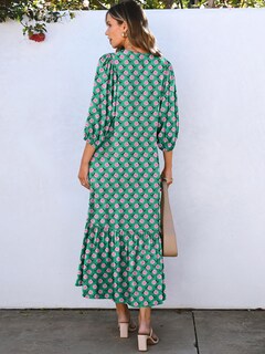 Foto 4 | Vestido Largo Anrabess, Bohemio, Verano, Cuello En V, Manga Abullonada, Verde Y Floral - Venta Internacional.