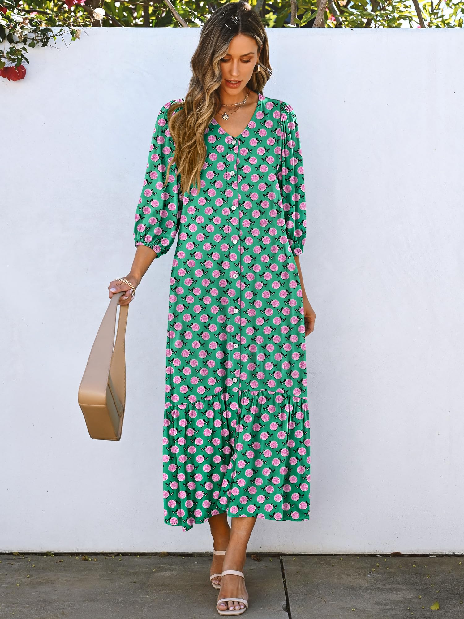 Foto 7 pulgar | Vestido Largo Anrabess, Bohemio, Verano, Cuello En V, Manga Abullonada, Verde Y Floral - Venta Internacional.