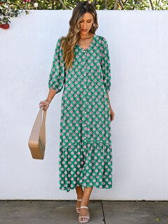 Foto 6 | Vestido Largo Anrabess, Bohemio, Verano, Cuello En V, Manga Abullonada, Verde Y Floral - Venta Internacional.