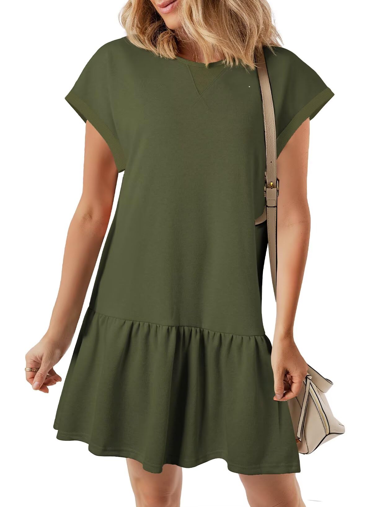 Vestido Blencot Para Mujer, Manga Corta, Liso, Holgado, Plisado, Verde - Venta Internacional.