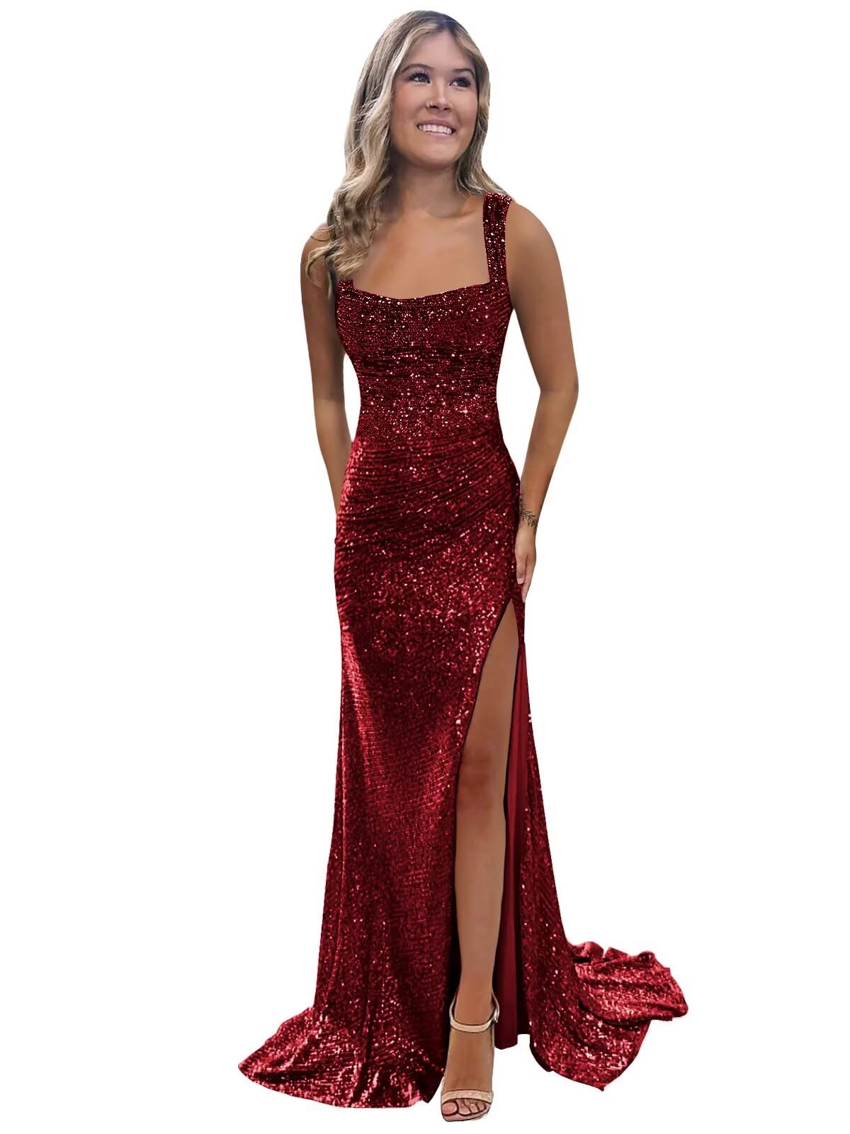 Foto 2 pulgar | Vestido De Fiesta Bolensye 2025 Bodycon Borgoña Con Lentejuelas Y Abertura - Venta Internacional.