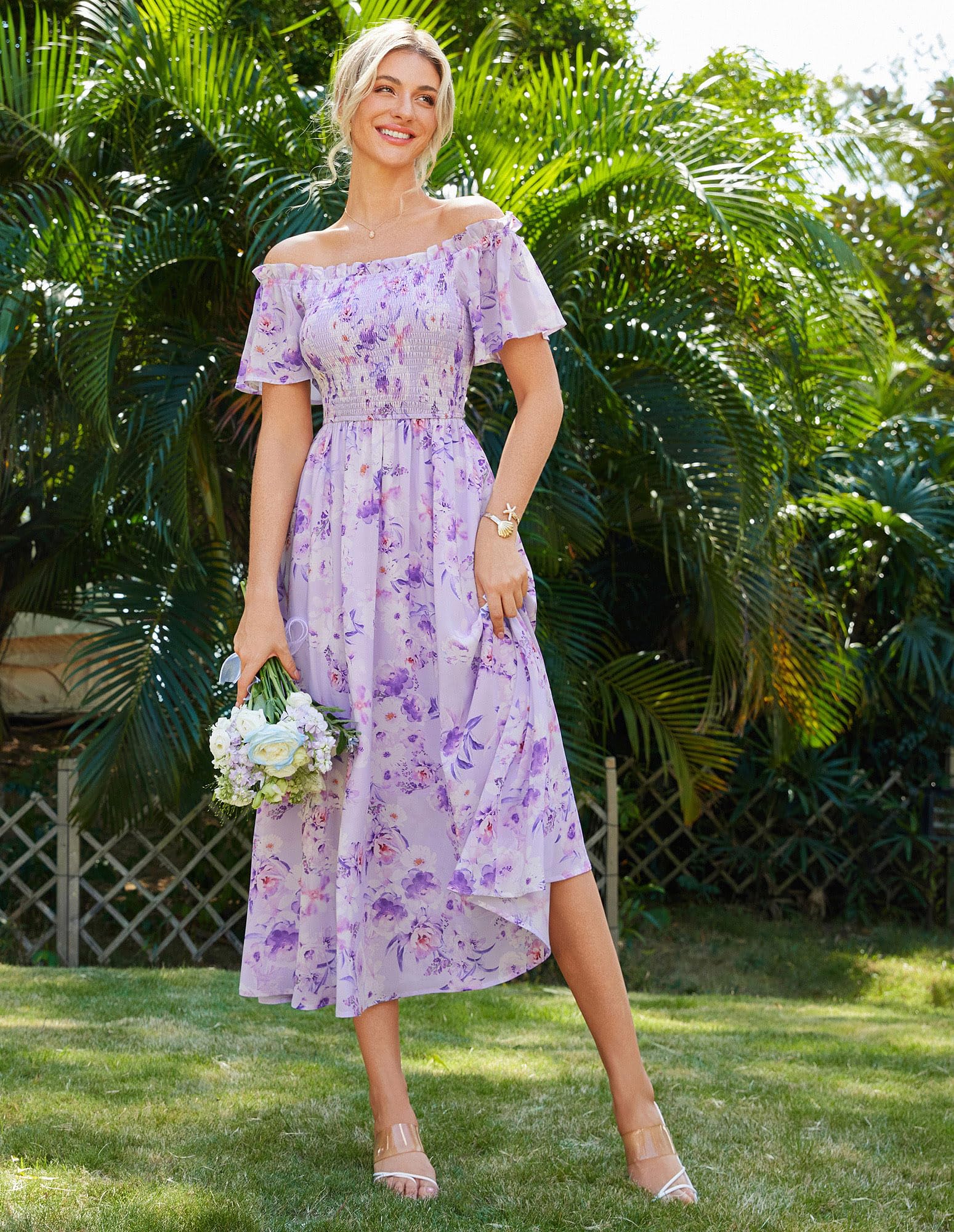 Foto 3 pulgar | Vestido Grace Karin 2025 Para Mujer Con Hombros Descubiertos Y Estampado Floral Morado Xl - Venta Internacional.