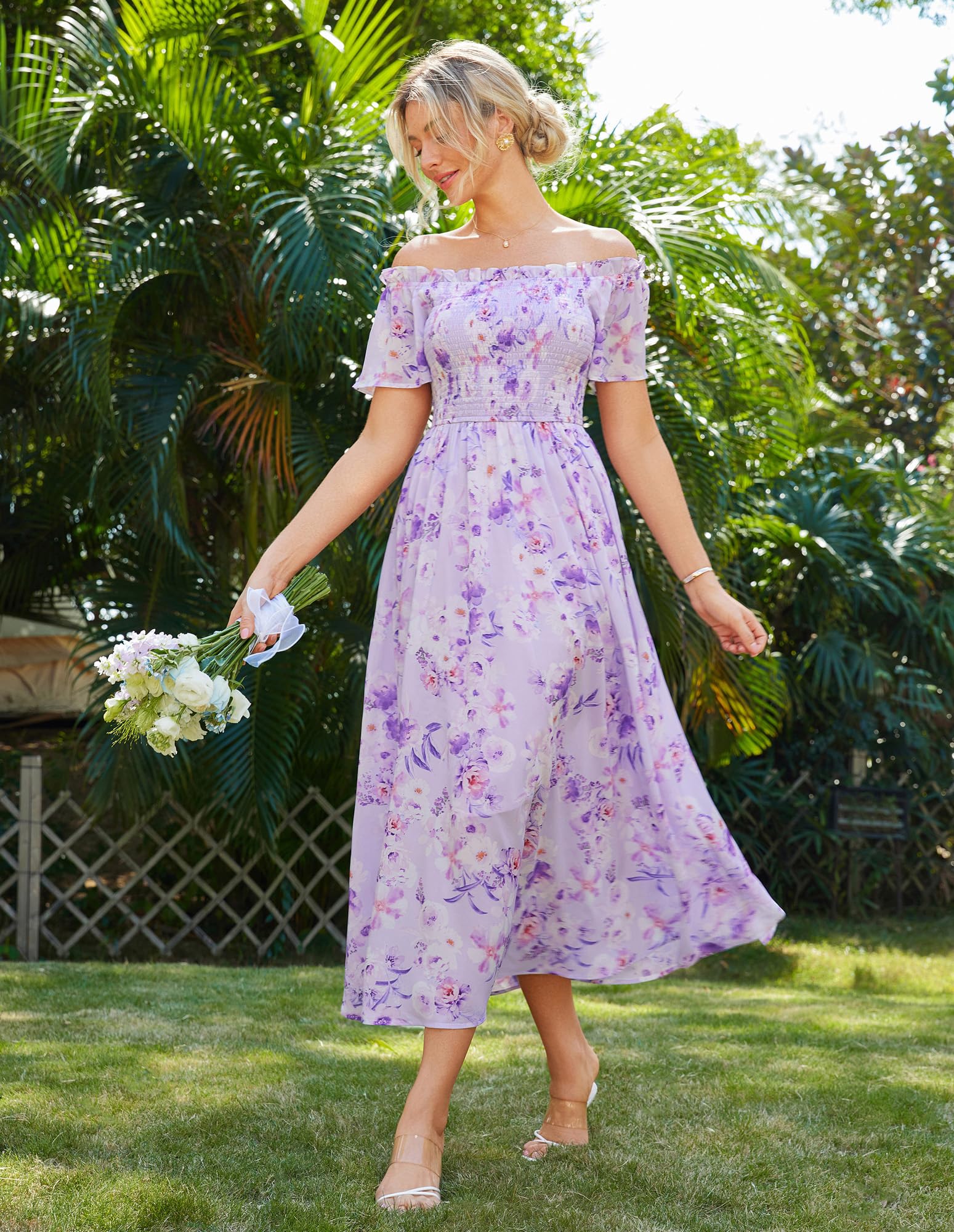 Foto 4 pulgar | Vestido Grace Karin 2025 Para Mujer Con Hombros Descubiertos Y Estampado Floral Morado Xl - Venta Internacional.