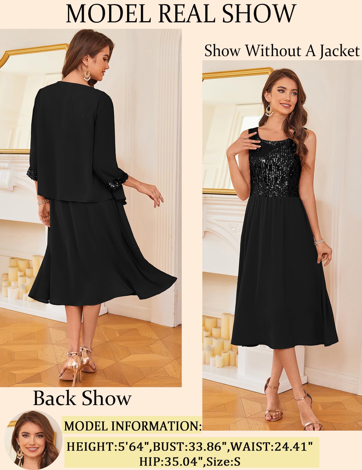 Foto 3 | Vestido De Lentejuelas Grace Karin Mother Of The Bride Con Chaqueta Negra - Venta Internacional.