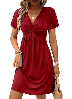 Foto 1 | Vestido Acelit Twist En La Parte Delantera Con Cuello En V Y Manga Corta Rojo Para Mujer - Venta Internacional.