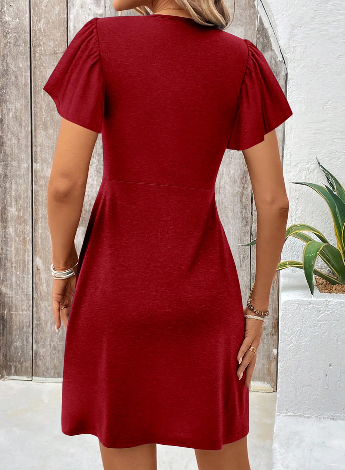 Foto 3 pulgar | Vestido Acelit Twist En La Parte Delantera Con Cuello En V Y Manga Corta Rojo Para Mujer - Venta Internacional.