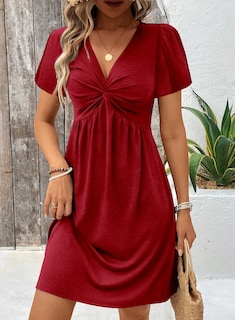 Foto 3 | Vestido Acelit Twist En La Parte Delantera Con Cuello En V Y Manga Corta Rojo Para Mujer - Venta Internacional.