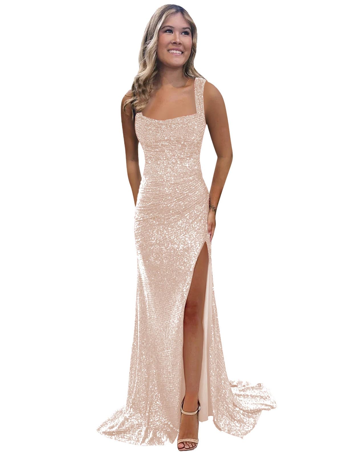 Foto 2 pulgar | Vestido De Fiesta Bolensye, Largo, Con Lentejuelas En Oro Rosa Y Abertura, Talla 6, Para Mujer - Venta Internacional.