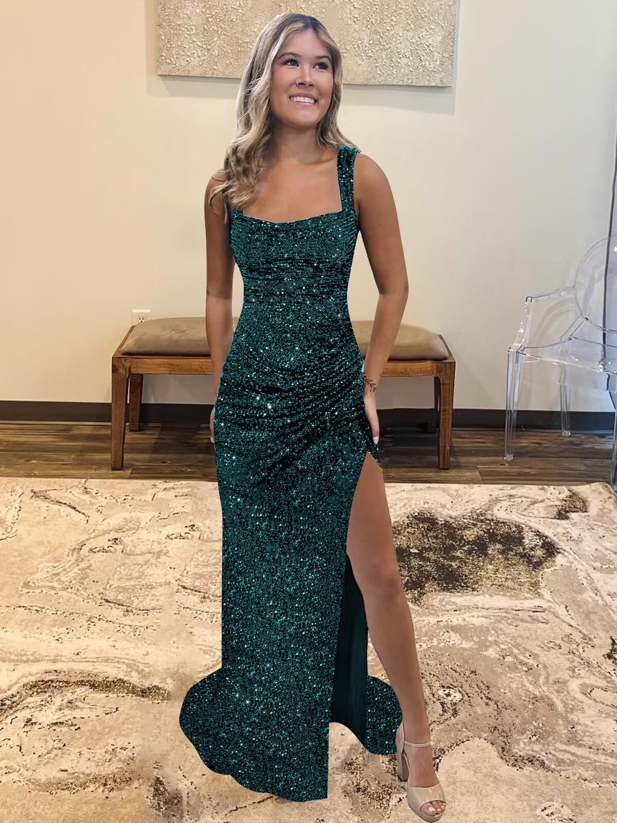 Foto 4 pulgar | Vestido De Fiesta Bolensye, Largo, Con Lentejuelas En Oro Rosa Y Abertura, Talla 6, Para Mujer - Venta Internacional.