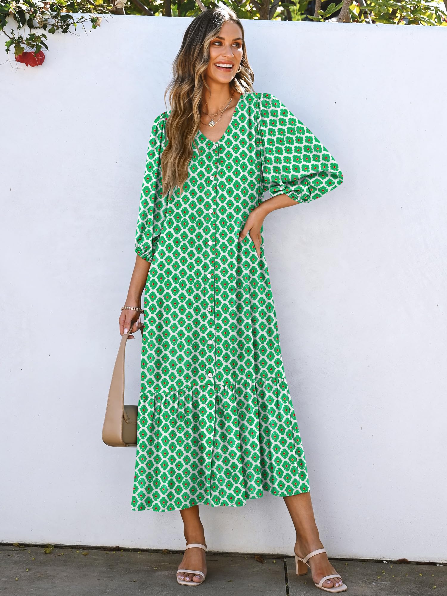 Foto 3 pulgar | Vestido Largo Anrabess Boho Summer 2025 Con Mangas Abullonadas Y Cuello En V - Venta Internacional.