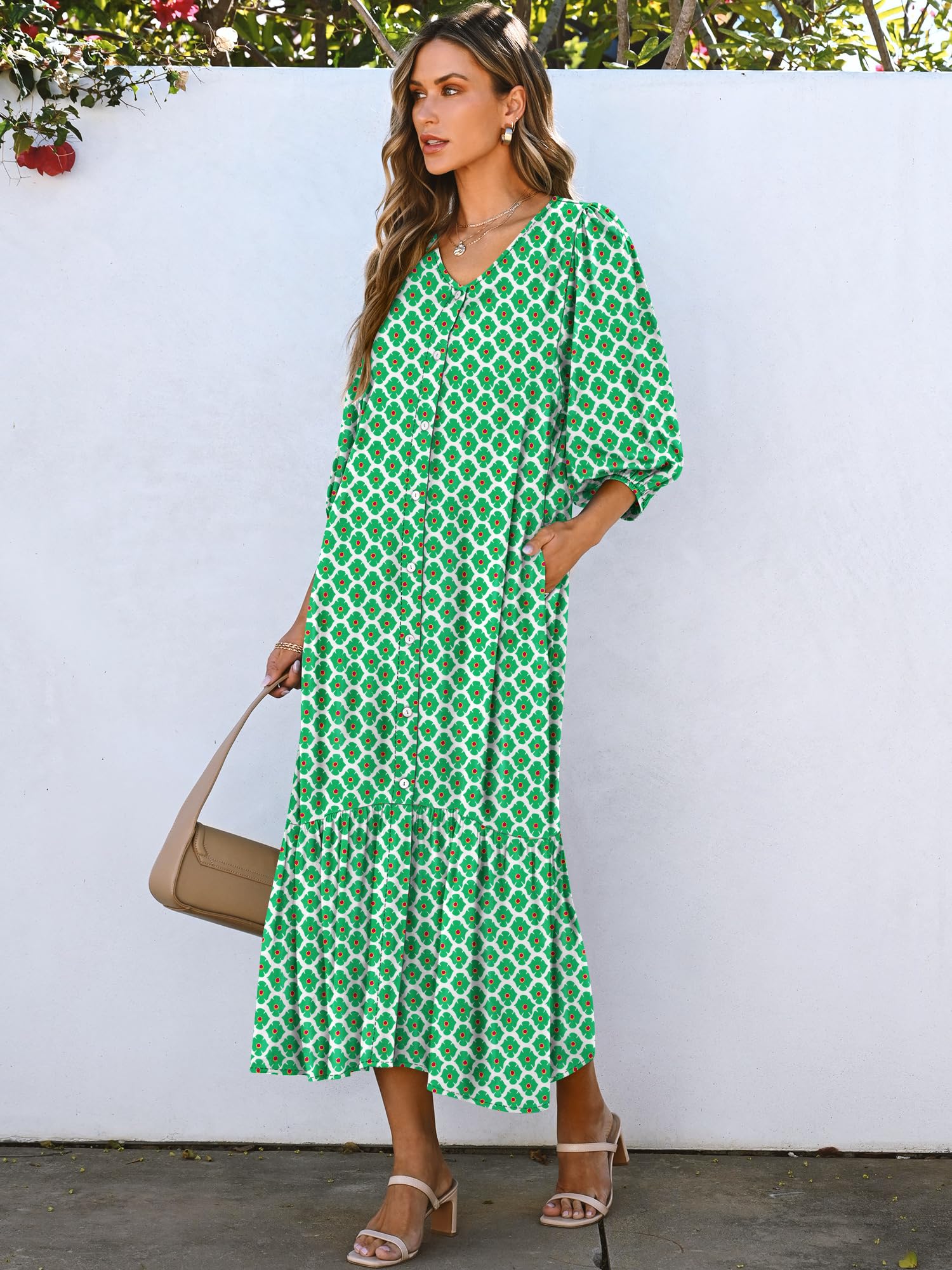 Foto 4 pulgar | Vestido Largo Anrabess Boho Summer 2025 Con Mangas Abullonadas Y Cuello En V - Venta Internacional.