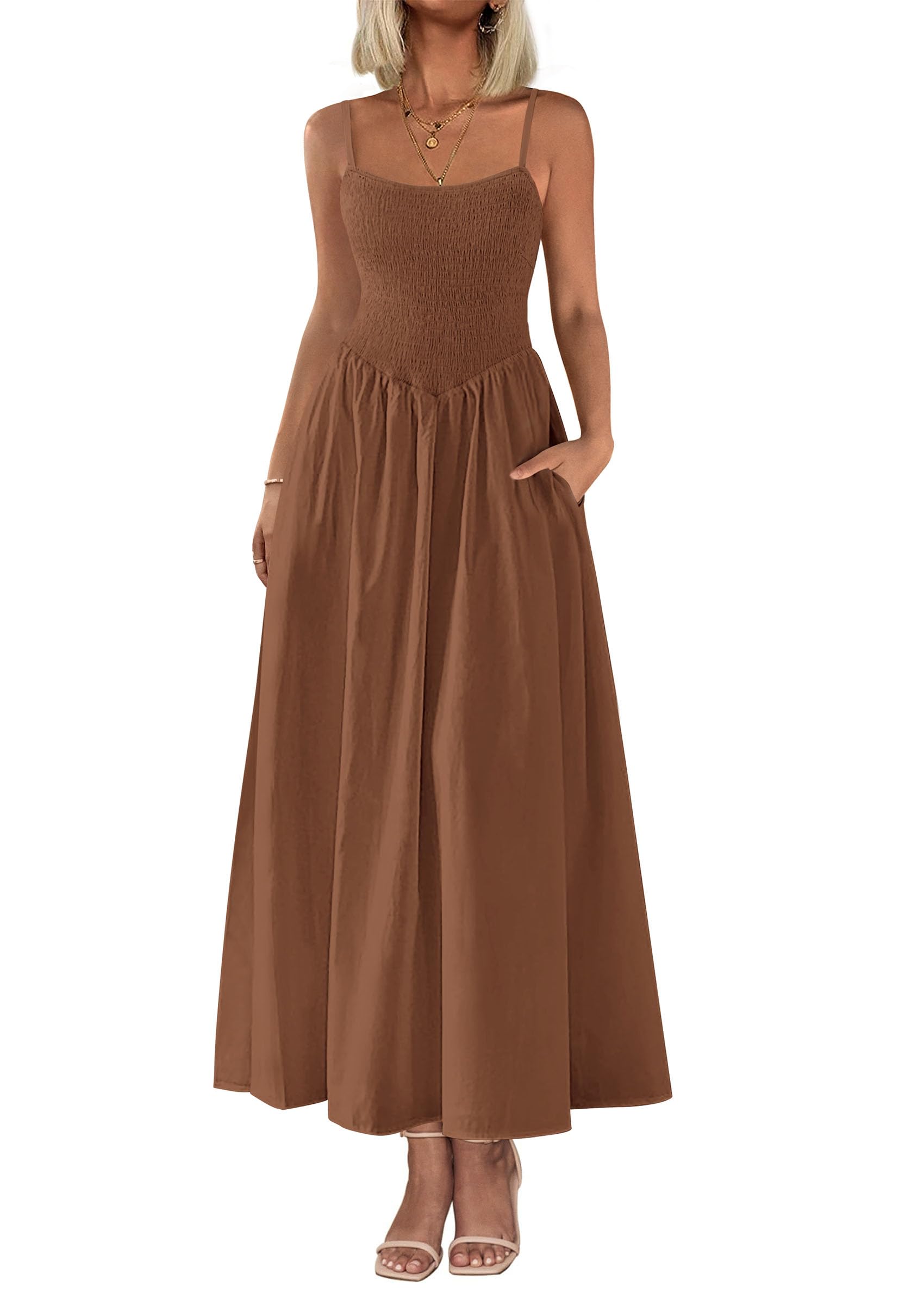 Foto 2 pulgar | Vestido Largo Prettygarden Para Mujer, Fruncido, Verano 2025, Marrón - Venta Internacional.