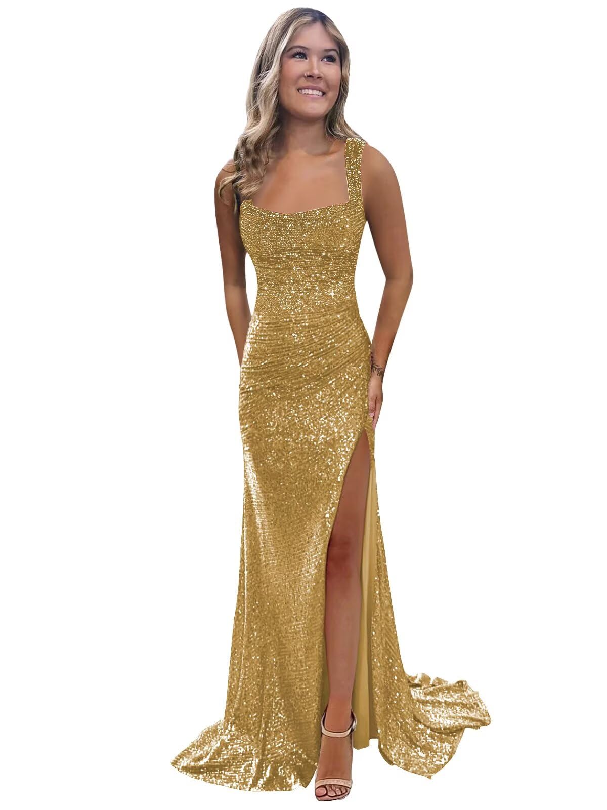 Foto 2 pulgar | Vestido De Fiesta Bolensye Con Lentejuelas Doradas, Cuello Cuadrado, Abertura Larga 2025 - Venta Internacional.
