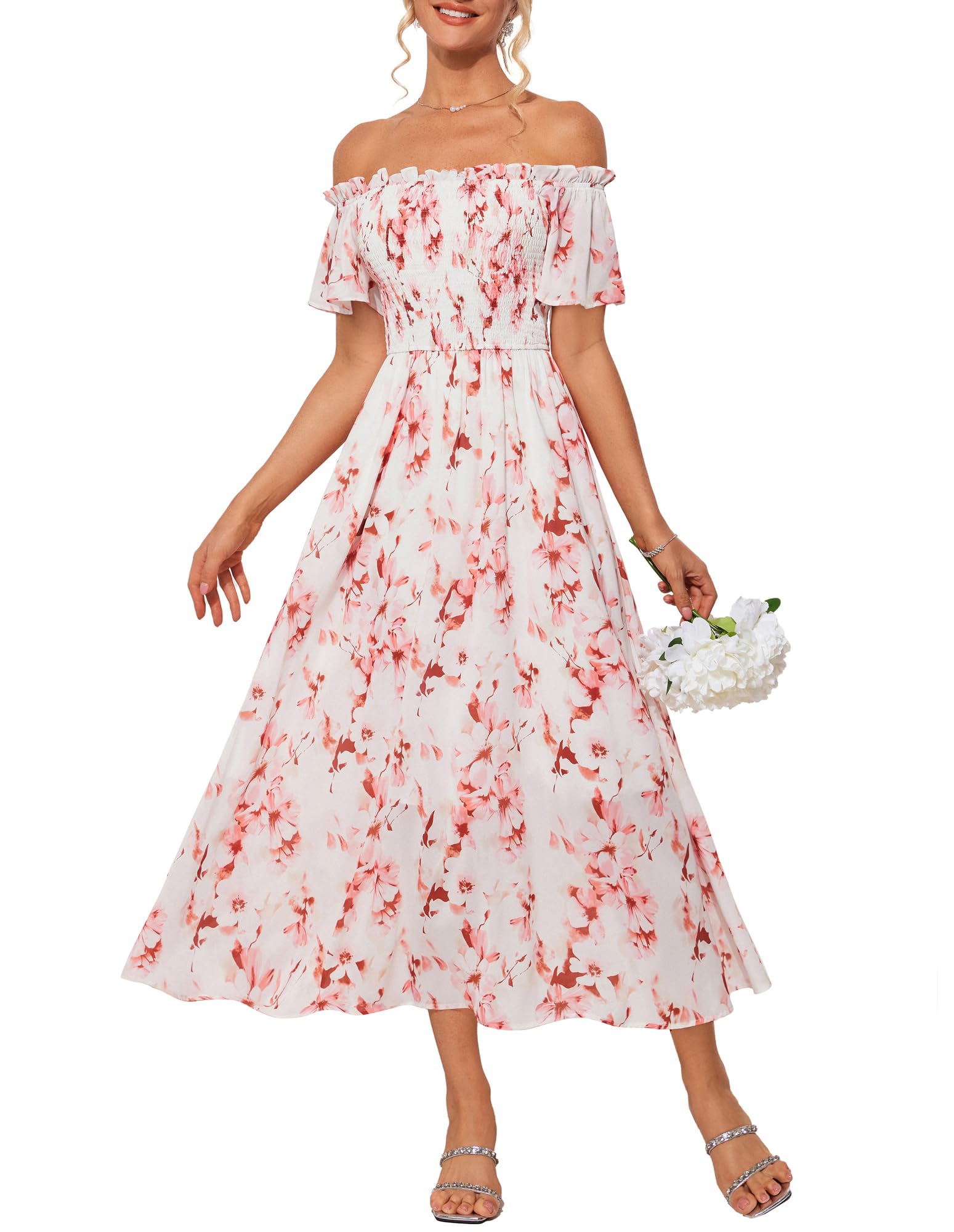Vestido Largo Grace Karin Con Estampado Floral De Verano Y Hombros Descubiertos Y Bolsillos - Venta Internacional.