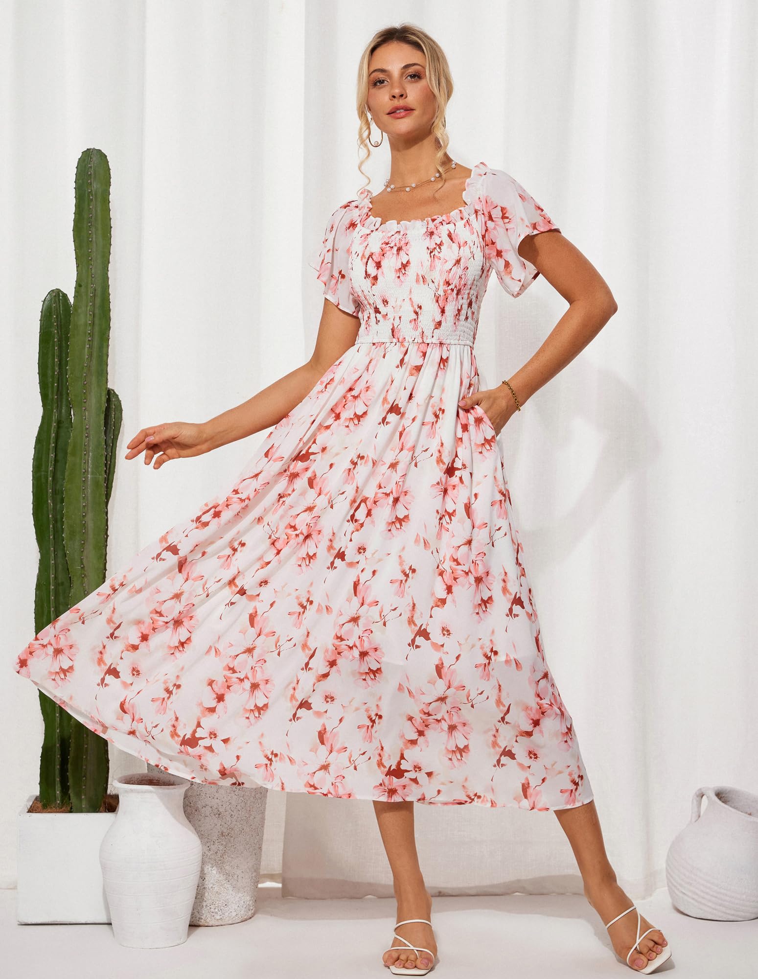 Foto 3 pulgar | Vestido Largo Grace Karin Con Estampado Floral De Verano Y Hombros Descubiertos Y Bolsillos - Venta Internacional.