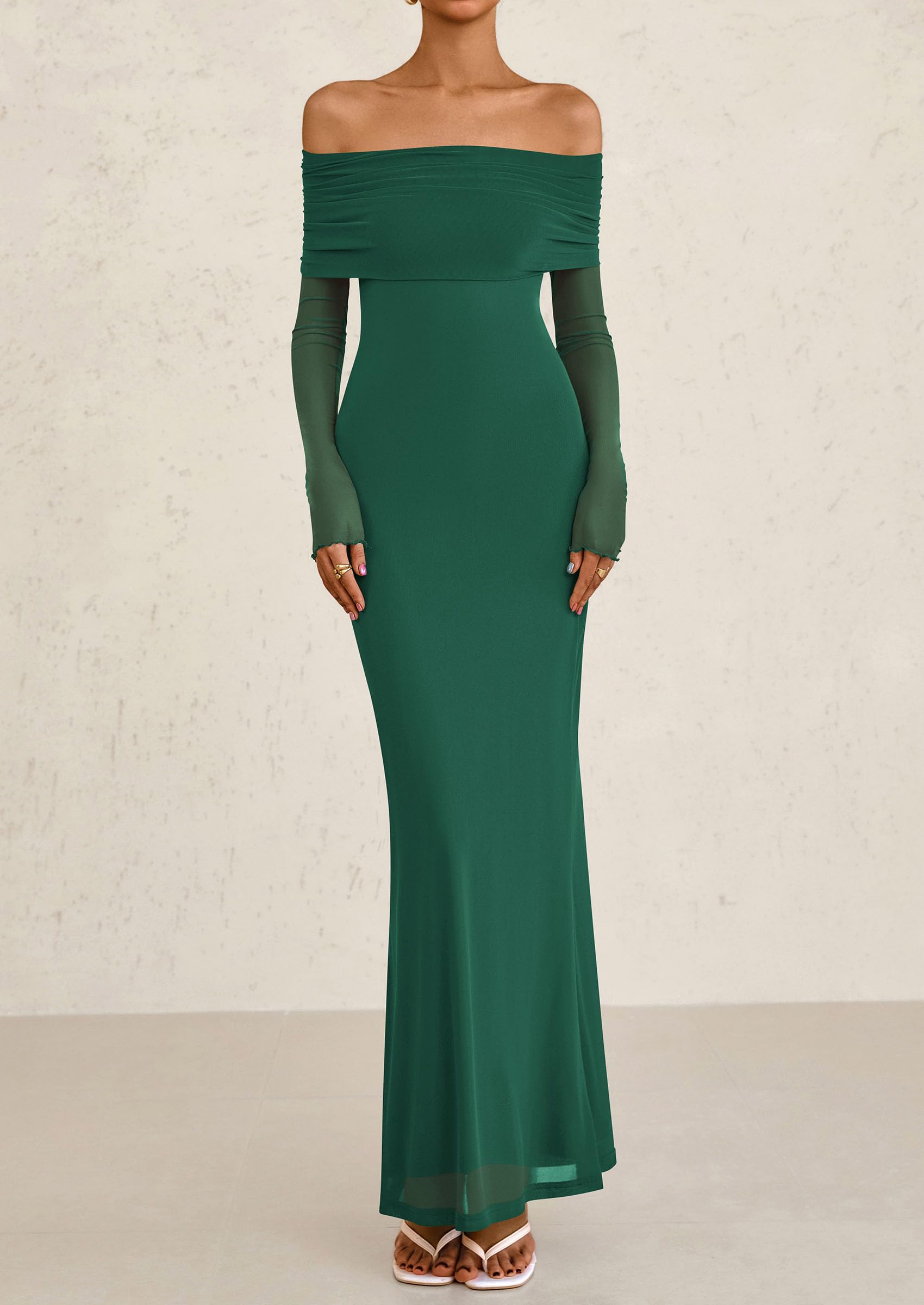 Foto 4 pulgar | Vestido Largo Prettygarden De Malla Con Hombros Descubiertos, Verde, Para Mujer - Venta Internacional.