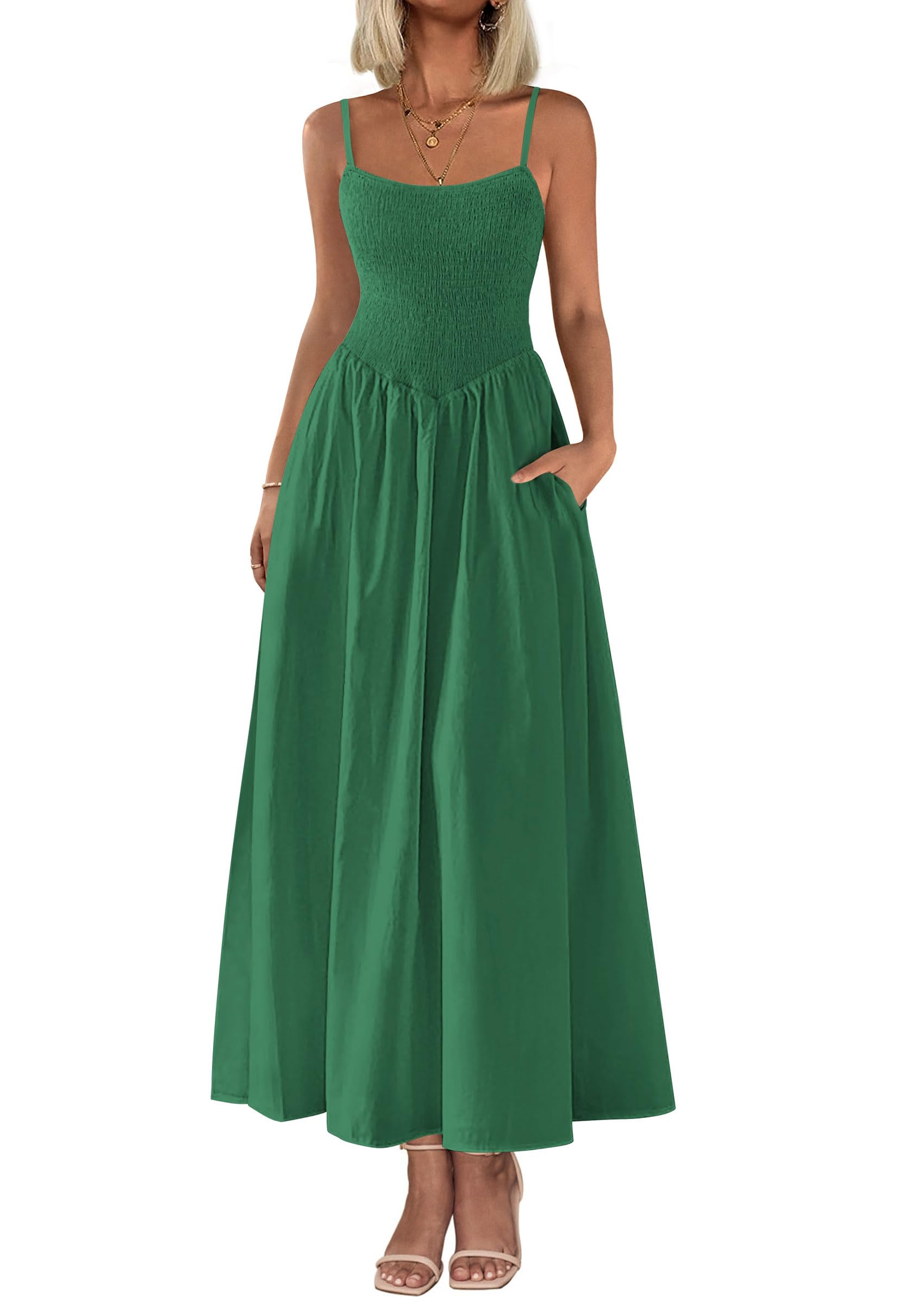 Foto 2 pulgar | Vestido Largo Prettygarden Para Mujer, Fruncido, Verde Oscuro - Venta Internacional.