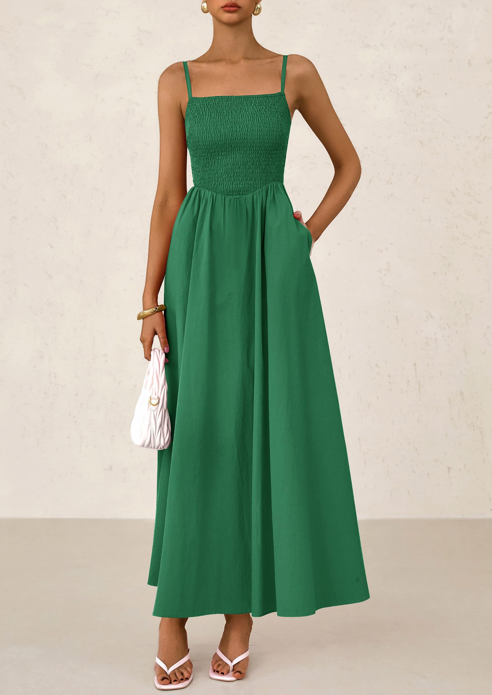Foto 6 pulgar | Vestido Largo Prettygarden Para Mujer, Fruncido, Verde Oscuro - Venta Internacional.