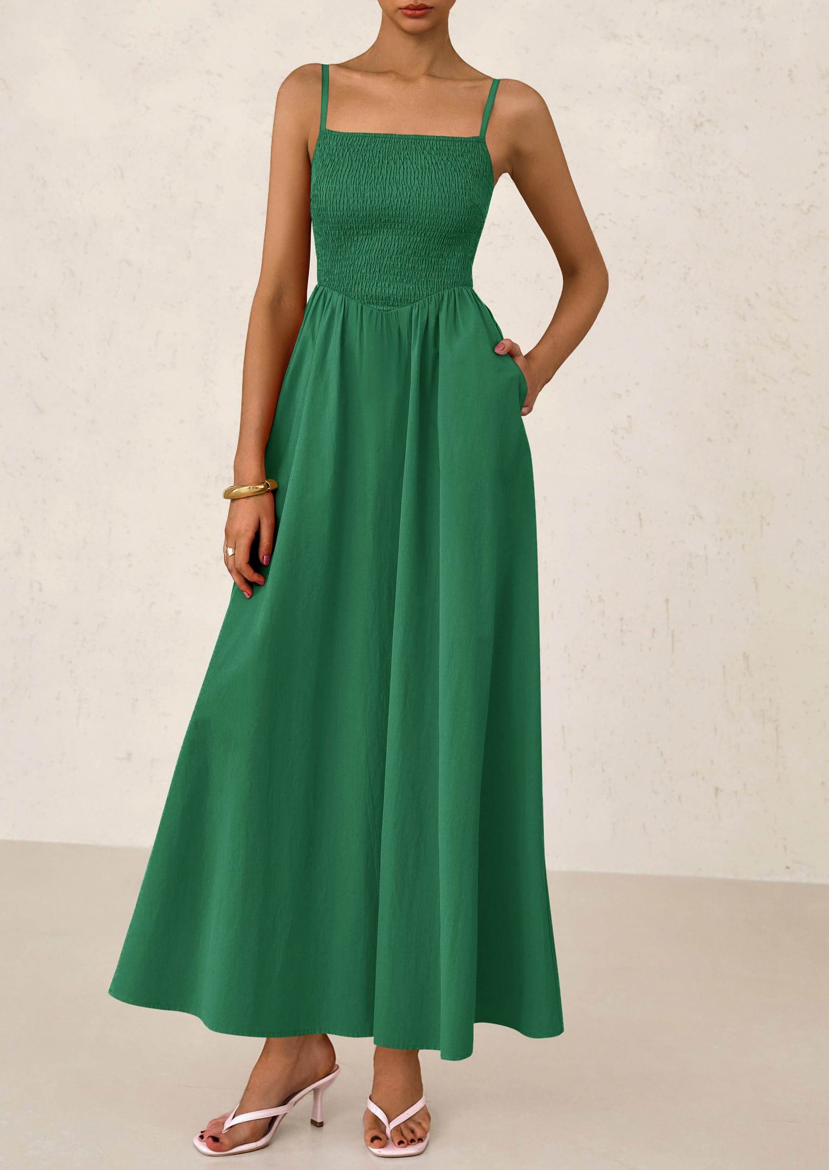 Foto 8 pulgar | Vestido Largo Prettygarden Para Mujer, Fruncido, Verde Oscuro - Venta Internacional.