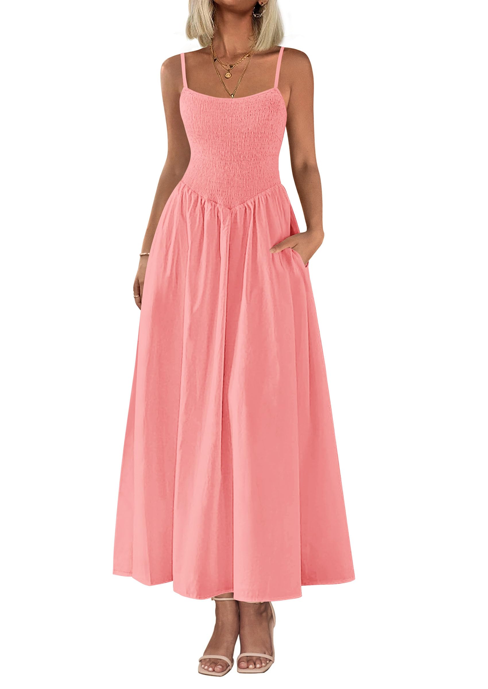 Foto 2 pulgar | Vestido Largo Prettygarden Para Mujer, Fruncido, Verano, Playa, Rosa - Venta Internacional.
