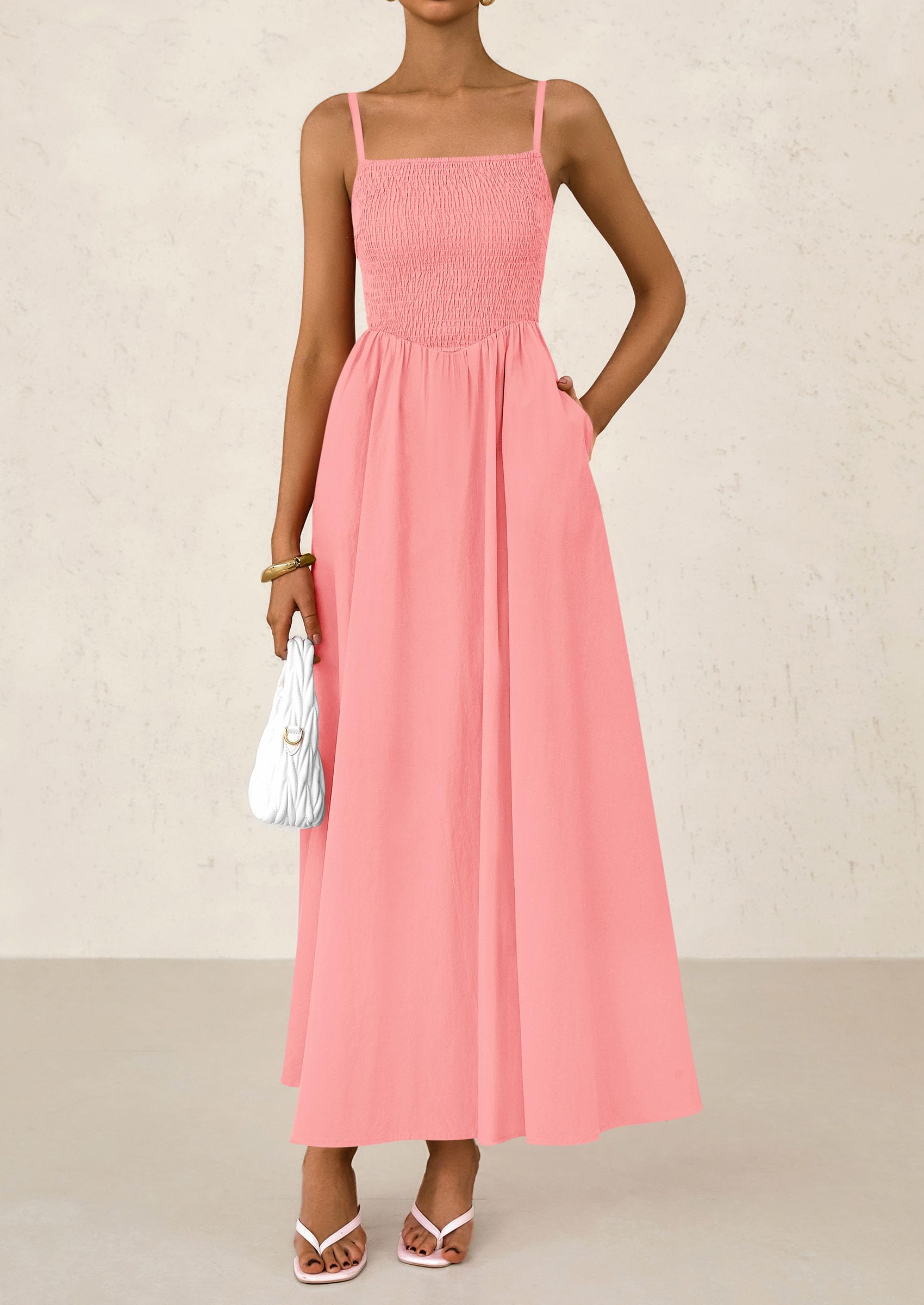 Foto 4 pulgar | Vestido Largo Prettygarden Para Mujer, Fruncido, Verano, Playa, Rosa - Venta Internacional.