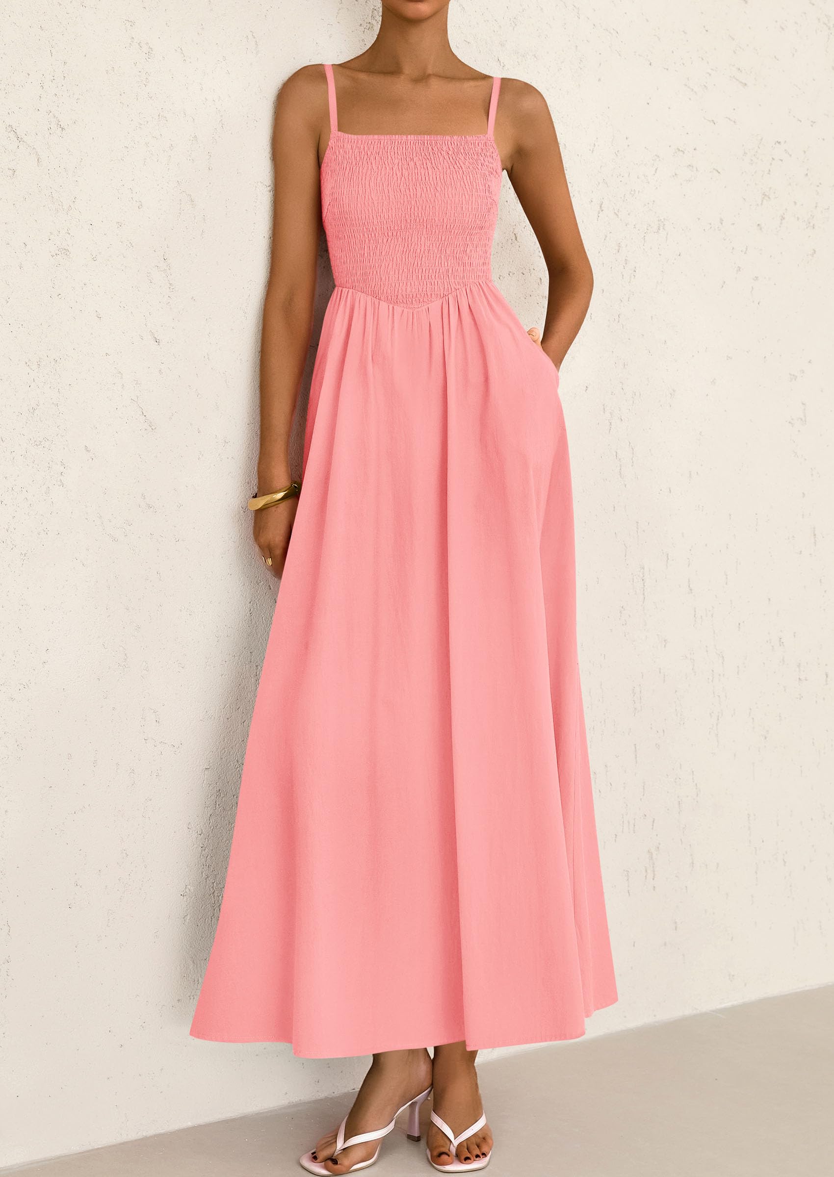 Foto 6 pulgar | Vestido Largo Prettygarden Para Mujer, Fruncido, Verano, Playa, Rosa - Venta Internacional.