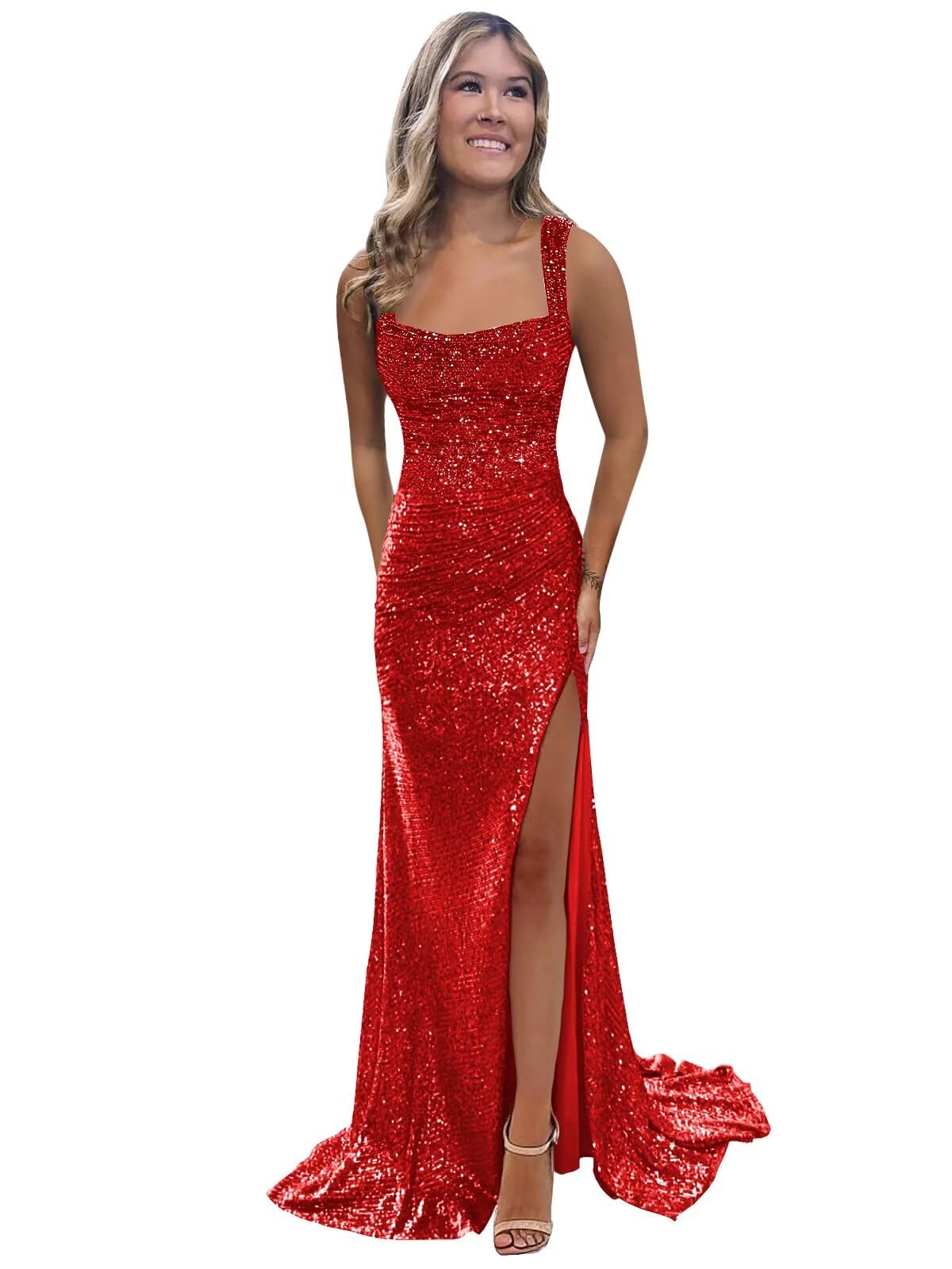 Foto 2 pulgar | Vestido De Fiesta Bolensye 2025, Ajustado Con Lentejuelas Rojas Y Abertura Para Mujer - Venta Internacional.