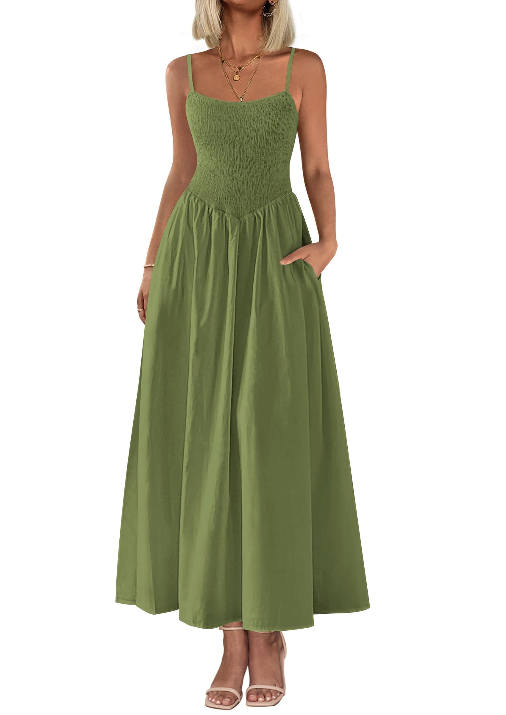Foto 2 pulgar | Vestido Largo Prettygarden Para Mujer, Fruncido, Verano 2025, Verde Militar - Venta Internacional.