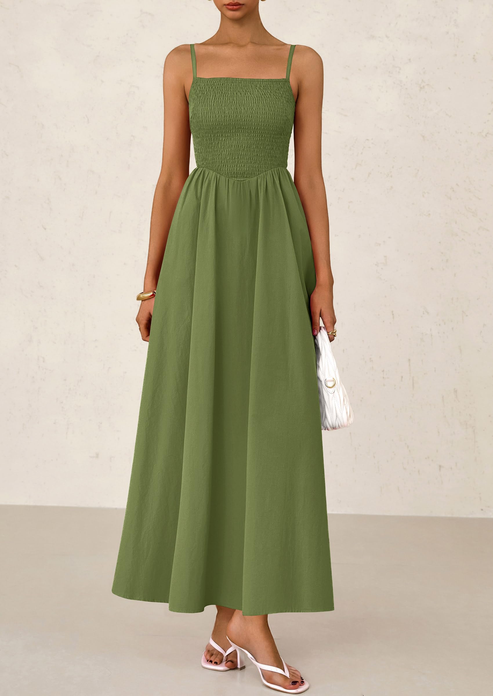 Foto 4 pulgar | Vestido Largo Prettygarden Para Mujer, Fruncido, Verano 2025, Verde Militar - Venta Internacional.