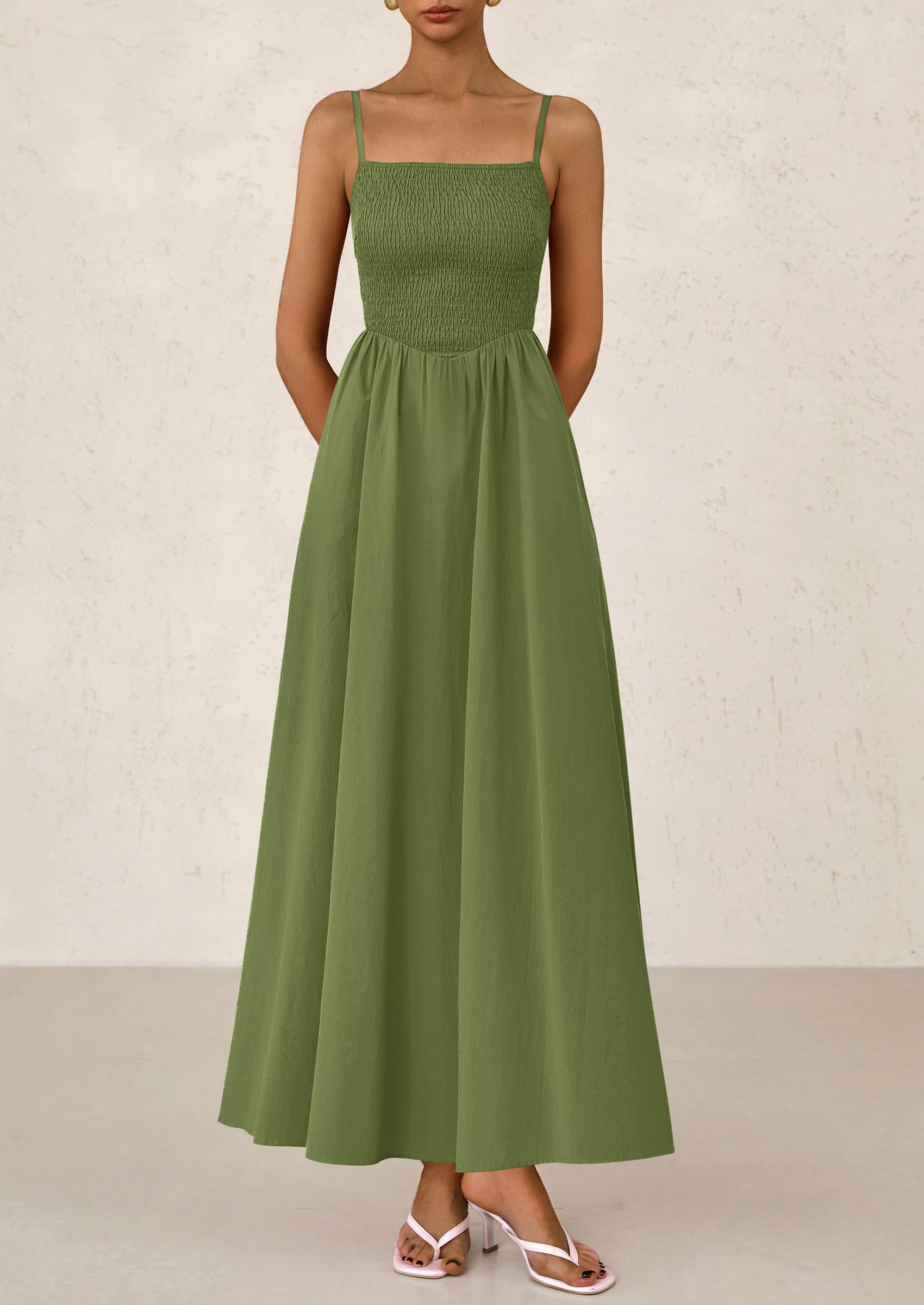 Foto 5 pulgar | Vestido Largo Prettygarden Para Mujer, Fruncido, Verano 2025, Verde Militar - Venta Internacional.
