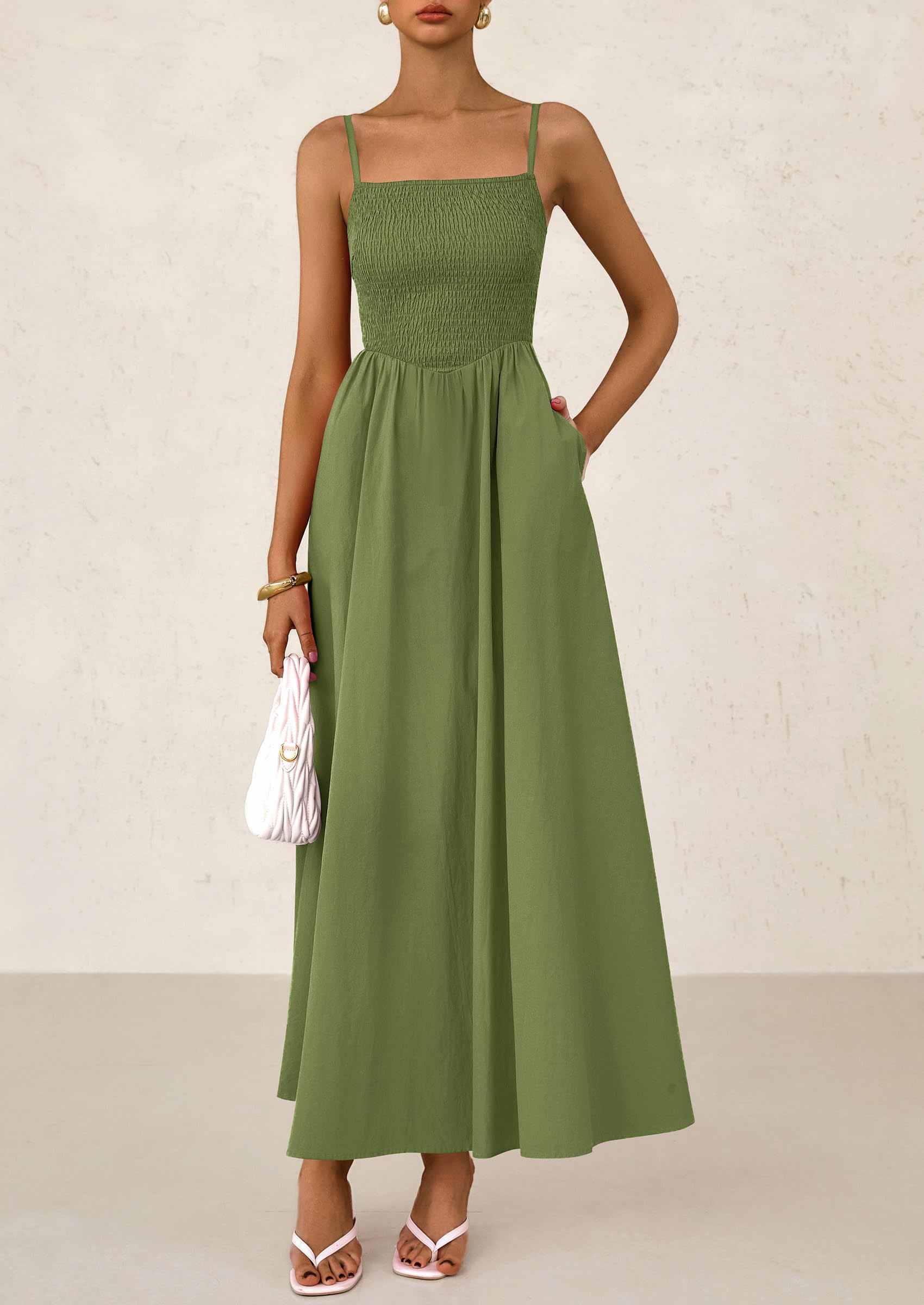 Foto 6 pulgar | Vestido Largo Prettygarden Para Mujer, Fruncido, Verano 2025, Verde Militar - Venta Internacional.