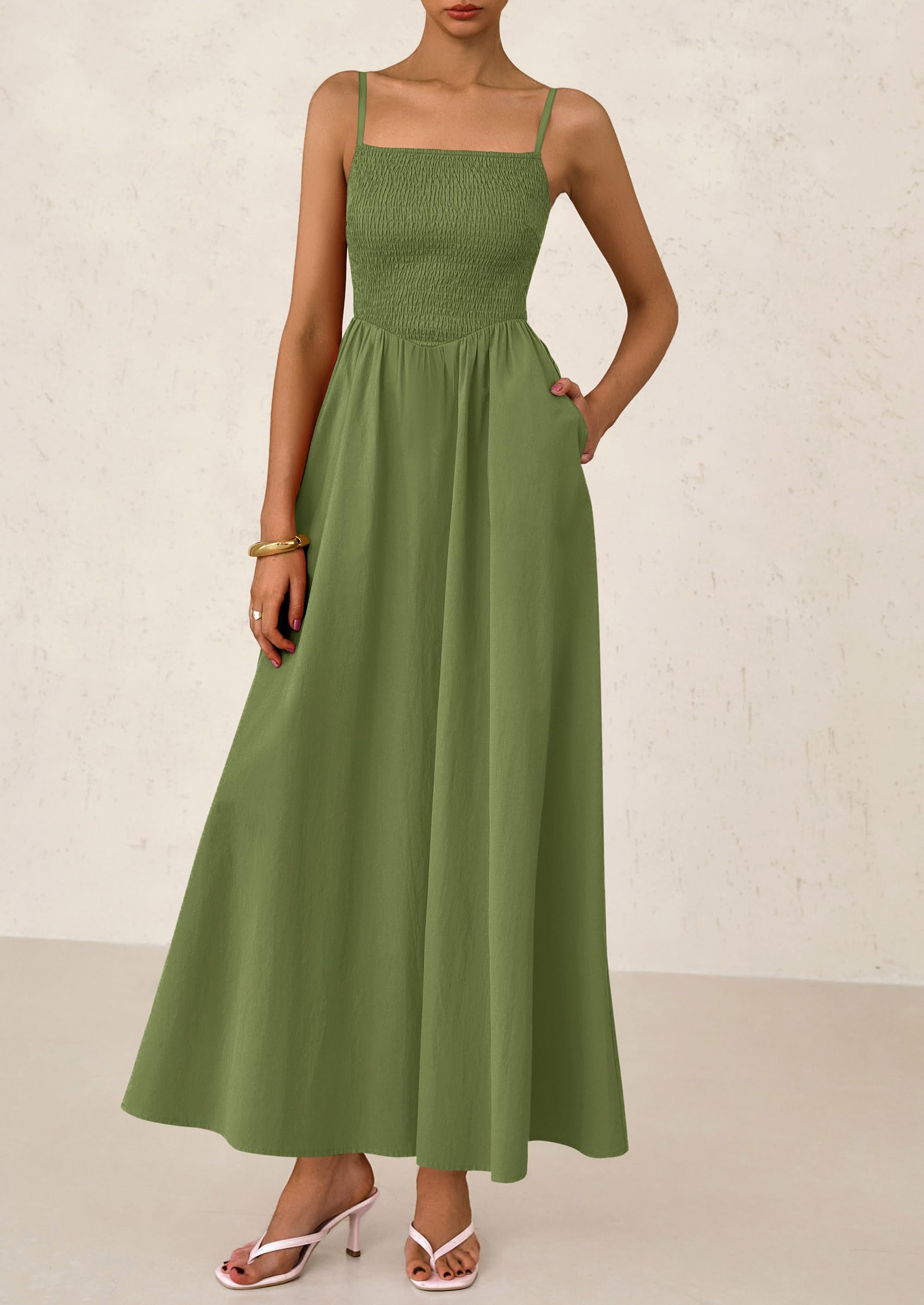 Foto 8 pulgar | Vestido Largo Prettygarden Para Mujer, Fruncido, Verano 2025, Verde Militar - Venta Internacional.