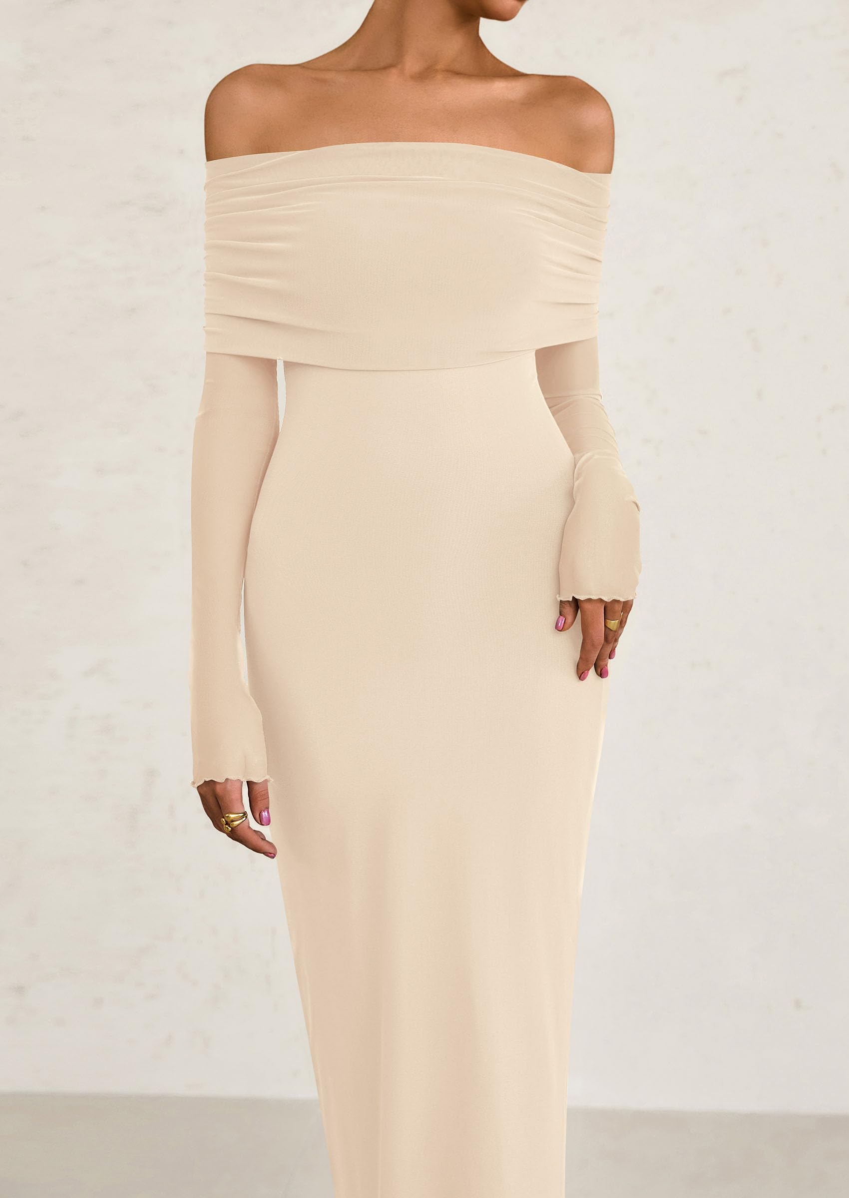 Foto 5 | Vestido Largo Prettygarden De Malla Con Hombros Descubiertos Y Manga Larga Para Mujer - Venta Internacional.