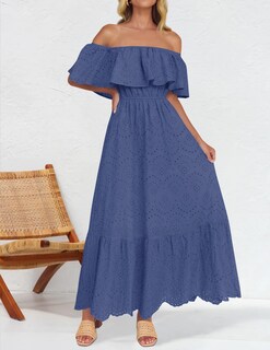 Foto 2 | Vestido Zesica 2025 De Verano Con Hombros Descubiertos Bordado Con Volantes, Azul - Venta Internacional.