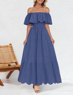 Foto 4 | Vestido Zesica 2025 De Verano Con Hombros Descubiertos Bordado Con Volantes, Azul - Venta Internacional.