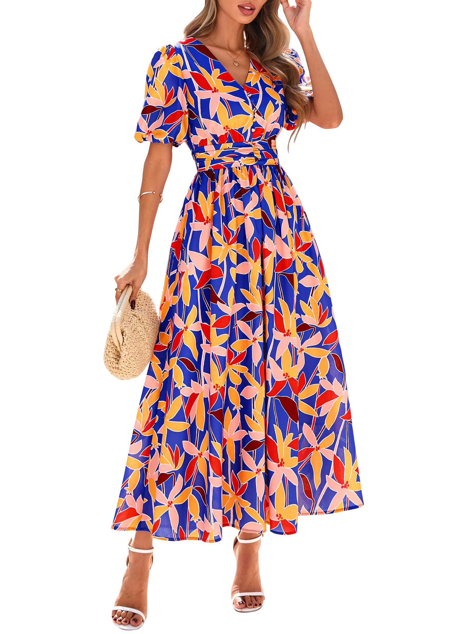 Vestido Largo Prettygarden Para Mujer, Verano 2025, Cuello En V, Azul Floral - Venta Internacional.