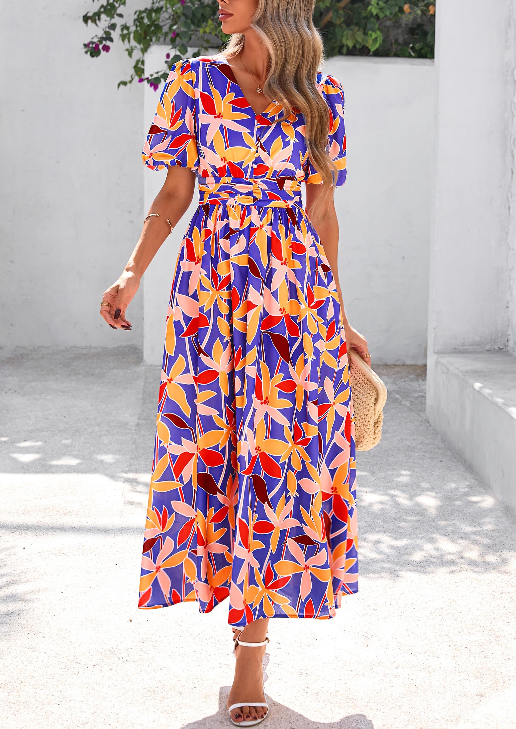 Foto 2 | Vestido Largo Prettygarden Para Mujer, Verano 2025, Cuello En V, Azul Floral - Venta Internacional.
